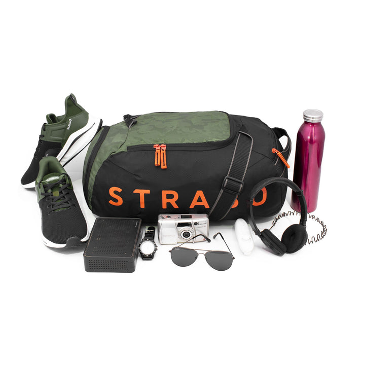 Strabo Weekend Gym & Travel Duffel Bag - Colour Black Green 28L Water Resistant - Strabo 